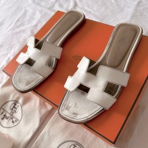 Hermes size 38, white Oran leather slides. Authentic